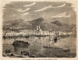 Montreal látképe, Paul Huet (1803-1869) rajza az 1854-1855-ös észak-amerikai utazások illusztrálására, L. Deville. Metszet „” Le tour du monde”” 1861. Selva gyűjteményében. alkotó: Paul Huet