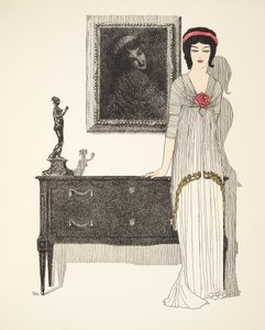 Estélyi ruha, a Les Robes de Paul Poiret pubból. 1908 (sablonnyomat) alkotó: Paul Iribe
