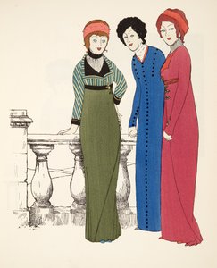 Három Empire Line estélyi kabát a Les Robes de Paul Poiret pubból. 1908 (sablonnyomat)