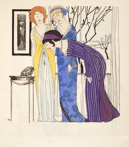 Három empire line ruha a Les Robes de Paul Poiret kocsmából. 1908 (sablonnyomat) alkotó: Paul Iribe