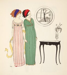 Két empire line nappali ruha a Les Robes de Paul Poiret pubból. 1908 (sablonnyomat) alkotó: Paul Iribe