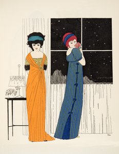 Két empire line ruha a Les Robes de Paul Poiret kocsmából. 1908 (sablonnyomat) alkotó: Paul Iribe