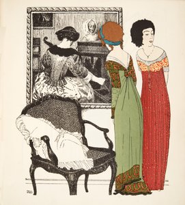 Két empire line ruha a Les Robes de Paul Poiret kocsmából. 1908 (sablonnyomat) alkotó: Paul Iribe