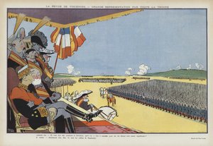 XIII. Alfonz spanyol király látogatása Párizsban: katonai parádé Vincennes-ben. Illusztráció Le Rire