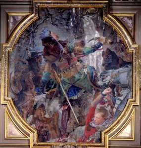 Szent Hubert látomása, aki egy erdőbe ment vadászni, csodálatos módon látja Istent szarvas formájában megjelenni. Paul Jacques Aime Baudry (1828-1886) marouflee vászon 1882 V. 2,3x2,06 m Chantilly, Musee Conde alkotó: Paul Jacques Aimé Baudry