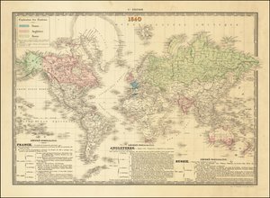 1840-es francia világtérkép, amely a brit, francia és orosz birodalom területeit ábrázolja. alkotó: Paul Kaeppelin