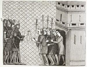 Egy város elfoglalása után a 14. században a helyőrség megadja magát, és a fogvatartók kegyelmére bízza magát. Egy 14. századi miniatúra után a Histoire Du Monde-ban. alkotó: Paul Lacroix