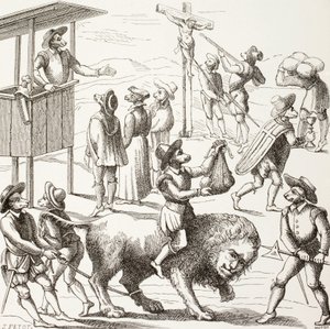 A hugenották által elkövetett állítólagos túlkapások allegorikus képe. A szelíd oroszlán az eretnekek és szokásaik által lealacsonyított Franciaországot jelképezi.
