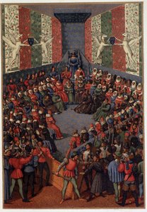VII. Károly elnökölte János, Alencon hercegének (az angolokkal szövetséges) ítéletét Vendome-ban 1458-ban – Fouquet miniatúrája után, Paul Lacroix, Párizs „Katonai és vallási élet a középkorban és a reneszánsz korában” című művében.
