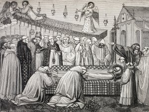 Nursiai Szent Benedek vagy San Benedetto Da Norcia halála, 480-547, a Monte Cassino-i apátságban. alkotó: Paul Lacroix
