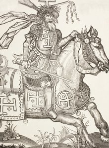 Godfrey Of Bouillon, 1060-1100 körül, középkori frank lovag. Az első keresztes hadjárat egyik vezetője. Itt Krisztus szenvedésének eszközeivel megkoronázva látható. Egy 15. századi fametszet után. alkotó: Paul Lacroix