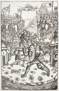 Artus király, vagy Artúr, a Szűz által védve, egy óriással harcol. A Chroniques De Bretagne-ban található fametszet után, Alain Bouchard, Kiadva 1514-ben. alkotó: Paul Lacroix
