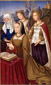 Bretagne-i Anna (1477-1514), francia királynő portréja imádkozik szent védőszentjével, Szent Annával, Szent Ilonával és Szent Ursulával – Paul „Katonai és vallási élet a középkorban és a reneszánsz korszakban” című művében. Lacroix, Párizs
