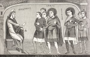 Savinus és Cyprianus szentek megvallják Galerius Maximus prokonzulnak, hogy keresztények. Egy 11. századi freskó után a franciaországi Vienne-i Szent Savin-templomban. alkotó: Paul Lacroix