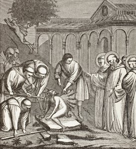 Szent Benedek és az ördög. Amikor Benedek kápolnát épített, az ördög egy kőre ült, és senki sem tudta elmozdítani, amíg Szent Benedek meg nem áldotta a követ. Akkor az ördög elszállt. alkotó: Paul Lacroix