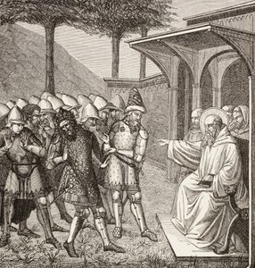 Nursiai Szent Benedek azzal vádolja Baduila aka Totilát, az ostrogótok királyát, hogy becsapta őt, és megjósolja a halálát. alkotó: Paul Lacroix