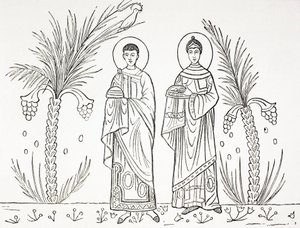 Szent Cecília és férje, Valerianus. A római Szent Cecília templomban őrzött 3. vagy 4. századi mozaik után. alkotó: Paul Lacroix