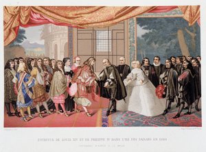Harmincéves háború: „” Interjú XIV. Lajos francia király (1638-1715) és IV. Fülöp (1605-1665) spanyol királyral Paisans szigetén 1659. 11. 07-én” Spanyolország beleegyezik a békeszerződés aláírásába. Pireneusok. IV. Fülöp lánya, Marie Therese (Marie-Theres