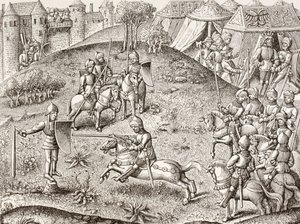 A Quintainra billegve, Egy lovag forgó képmása. A 15. századi Chroniques De Charlemagne miniatűrje után.