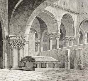 Godfrey De Boullon sírja, 1060-1100 körül, ahogyan a jeruzsálemi Szent Sír templomban állt. A síremlék mára elpusztult. A helyszínen 1828-ban készült rajz alapján.