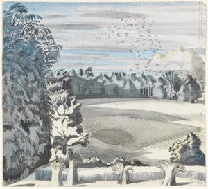 Táj bástyakkal, 1913-1914 körül (fekete kréta és akvarell papíron) alkotó: Paul Nash