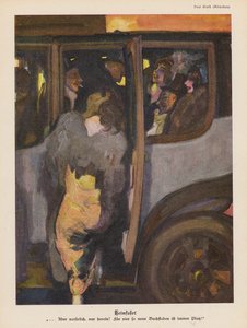 Nő autóba ül, hogy hazautazzon egy éjszaka után (színes litho) alkotó: Paul Rieth