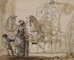 Egy kocsi és pár, Coachmannel (szürke és barna mosás, fehérrel megerősítve a papíron) alkotó: Paul Sandby