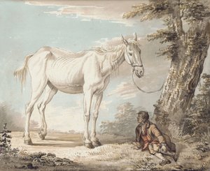 Egy öreg szürke ló egy fához kötve, egy fiú pihen a közelben alkotó: Paul Sandby