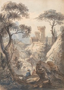 Olasz táj kastély, vízesés és horgászok alkotó: Paul Sandby