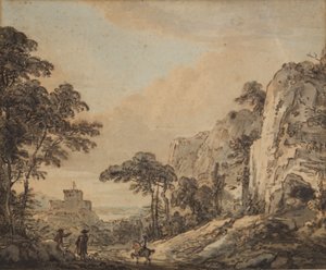Táj lovassal (toll, tinta, ecset és WC papíron) alkotó: Paul Sandby
