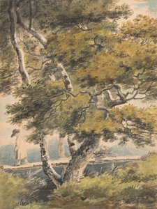 Fák, egy gyaloghidat átkelő férfival alkotó: Paul Sandby