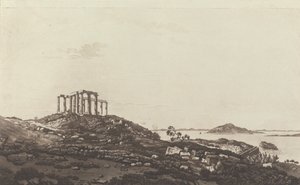Kilátás a levantei: romos templom a hegyen Suninumban, kilátással a szigetekre alkotó: Paul Sandby