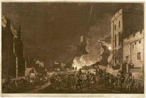 Windsori kastély az alsó udvarból november ötödikén – tűzijáték alkotó: Paul Sandby