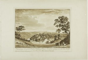 Wynnstay, Sir Watkin Williams székhelye Wynn Bart egy kunyhóból a Dee folyón átívelő Új híd felett, Denbigh Shire alkotó: Paul Sandby