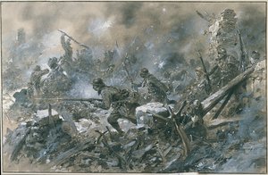 Első világháború (1914-1918): „” Ellentámadás 1916-ban Vaux faluban Verdun előtt””” Paul Thiriat Paris akvarellje. Musee, Des deux guerre mondiale DR – Francia ellentámadás a Verdun melletti Vaux falunál alkotó: Paul Thiriat