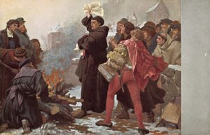 Luther Márton a németországi wittenbergi Elstertor előtt elégette a pápai bullát, amelyben kiközösítéssel fenyegetőzik, 1520. december 10-én.