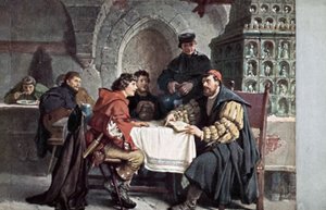 Luther Márton diákjaival beszélget a jénai Gasthof der Barenben, Németországban, 1522. március