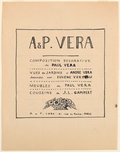 Rajz, címlap, A & P Vera, Paul Vera dekoratív kompozíciója / André Vera kertjei nézetei Eugène Verdeau rajzával / Paul Vera bútorzata / J. L. Gampert párnái, 1912–1919 alkotó: Paul Vera