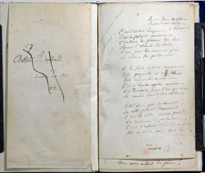 Kézzel írt oldalak a "Romances Sans Paroles"-ból, áthúzott dedikáció Arthur Rimbaud-nak, 1873
