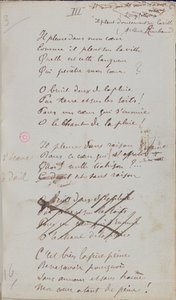 "Sír a szívemben, ahogy esik az eső a városra...", A "Romances Sans Paroles" kézzel írott verse, 1873 (toll és tinta papíron)