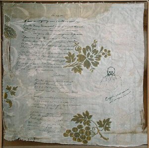 Terítő, amelyre Verlaine a "Les Amies" és a "Le Printemps" című verseit írta, Cazals Verlaine portréjával (toll és tinta, szövetre)