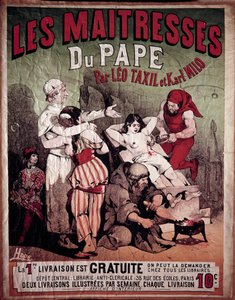 Leo Taxil (1854-1907) és Karl Milo 1884-es antiklerikális könyve „A pápa úrnője” posztere. Egy nőt ábrázolnak, akit megkínoznak a pilléren, a hóhér pedig átszúrja a mellét. Hode illusztrációja, 20. század. Magángyűjtemény