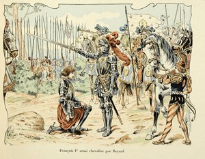 Az illusztráció Theodore Cahu „Histoire du chevalier Bayard” című könyvéből, Paul De Semant (1855-1915) illusztrálta: Francois 1, er arme chevalier par Bayard 1515 alkotó: Paul de Semant
