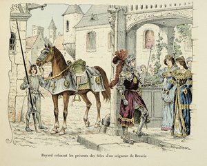 Illusztráció Theodore Cahu „Histoire du chevalier Bayard” című könyvéből, illusztrálta Paul De Semant (1855-1915): Bayard megtagadja Brescia úr lányainak ajándékait 1512-ben alkotó: Paul de Semant