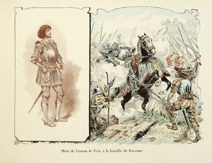 Illusztráció Theodore Cahu „Histoire du chevalier Bayard” című könyvéből, illusztrálta Paul De Semant (1855-1915): Gaston de Foix (1489-1512) halála a ravennai csatában alkotó: Paul de Semant