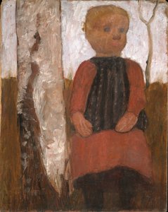 Gyermek piros ruhában a nyírfa törzsön alkotó: Paula Modersohn-Becker