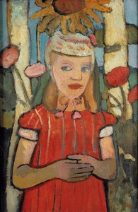 Piros ruhás lány napraforgó előtt, 1907. alkotó: Paula Modersohn Becker