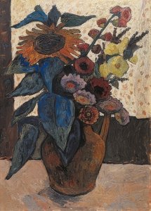 Csendélet napraforgókkal, hollyhock-okkal és grúzokkal. 1907 alkotó: Paula Modersohn Becker