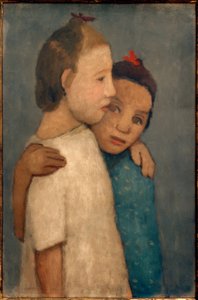 Két fehér és kék ruhás lány fogja a vállát alkotó: Paula Modersohn Becker