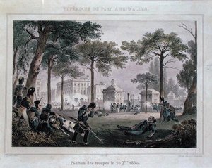 Csapatok a Parc Royalban, Brüsszel, 1830. szeptember 25., vésette Dewasme-Pletinckx (színes litó) alkotó: Paulus (after) Lauters
